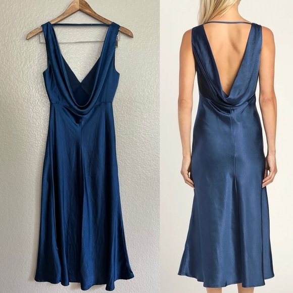 NWOT Incredible Love Navy Satin Cowl Back Midi Slip Dress - Picture 1 of 6